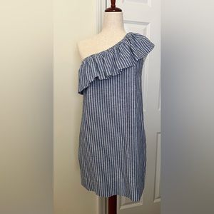 NWOT Madewell Blue Stripe One Shoulder Ruffle Dress. Style F2526 size M.